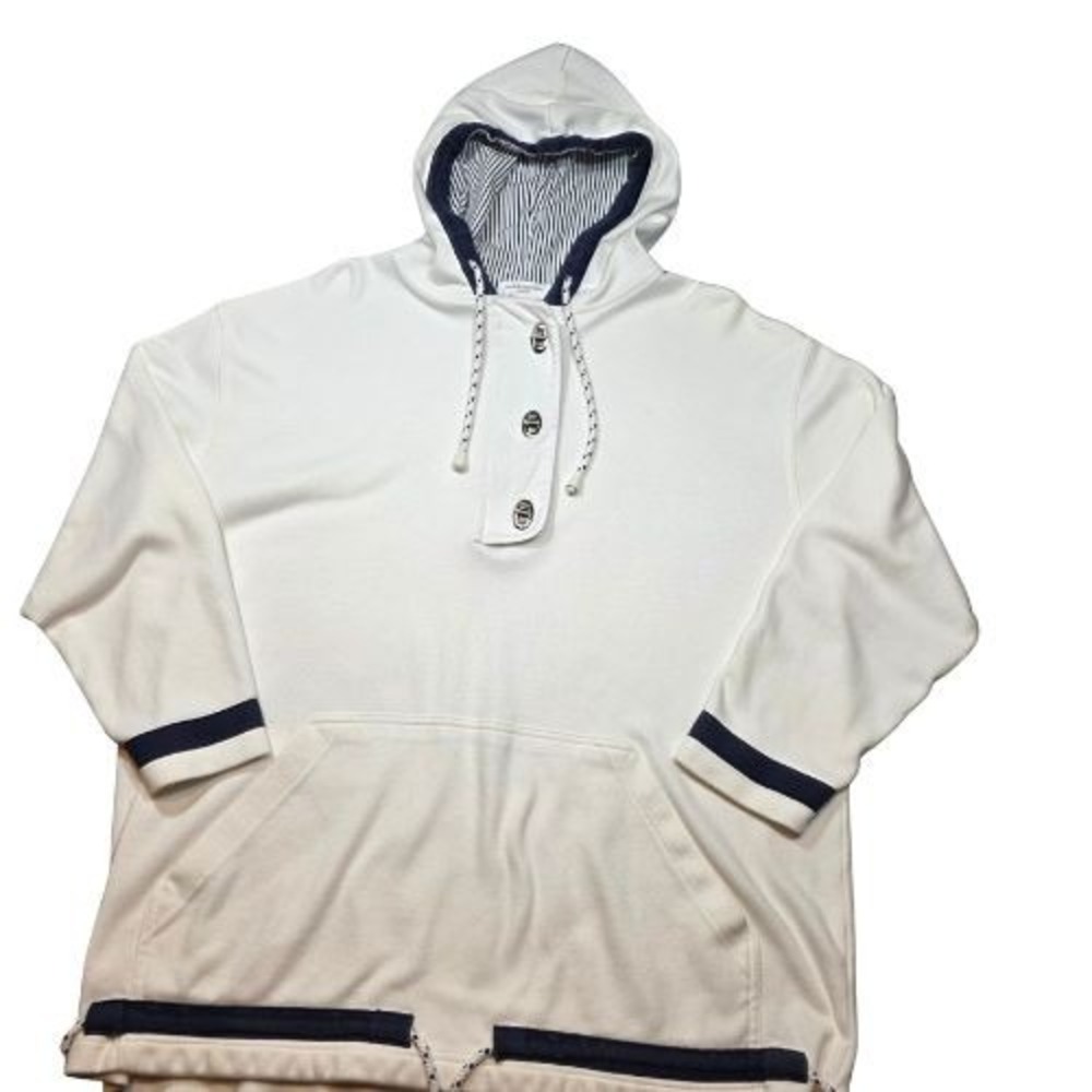 Jones NY Womens M 100% Cotton White Nautical Hoodie Hood Coastal Pullover